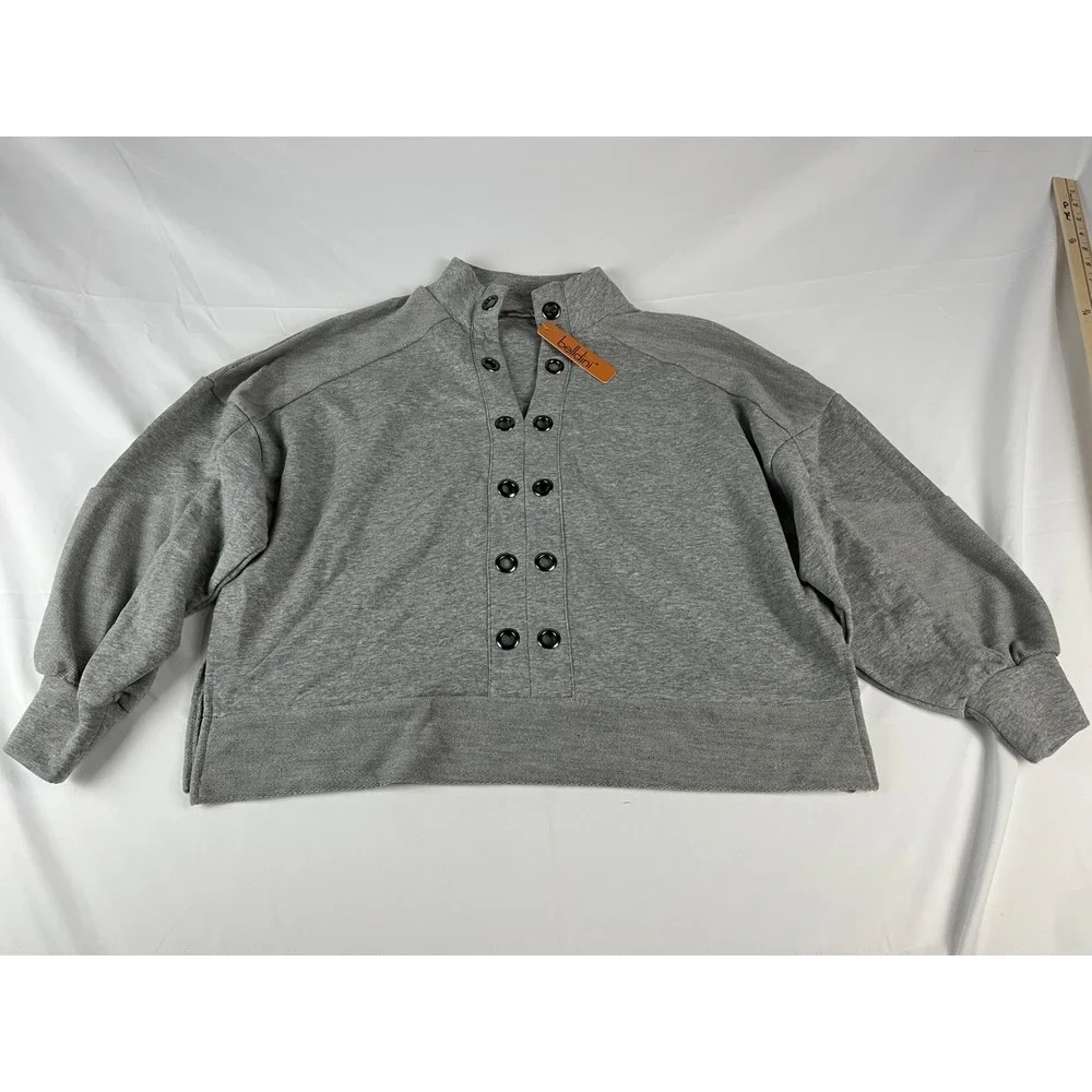 belldini Gray Mock‎ Neck Button Front Sweatshirt Pullover Top